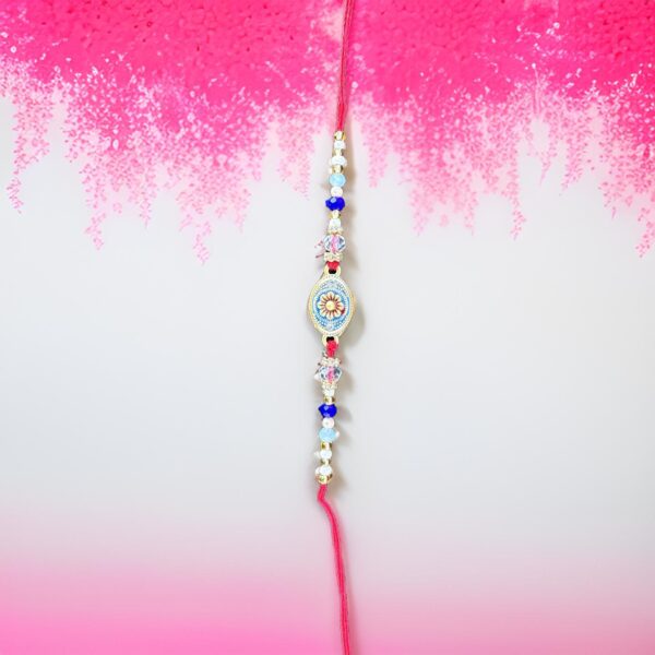 Elegant Brass Golden Rakhi Bracelet for Brother Traditional Raksha Bandhan Rakhi with Moti Beads - Image 3