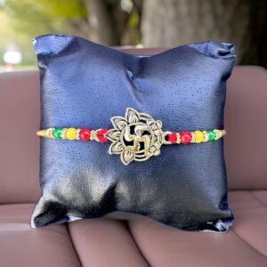 Swastik Flower Design Yellow Gold Rakhi Bracelet for Brother Traditional Rakshabandhan for Bhaiya