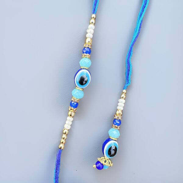 Blue Eye Shape Couple Rakhi for Bhai-Bhabhi | Designer Lumba Rakhi Set | Evil Eye Protection - Image 2