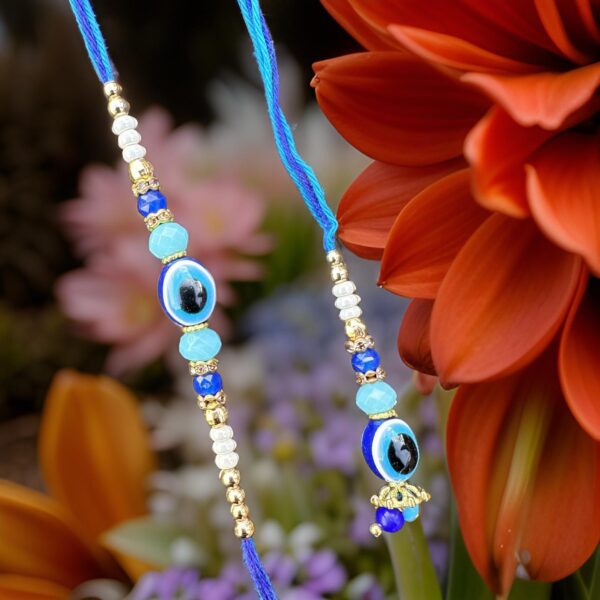 Blue Eye Shape Couple Rakhi for Bhai-Bhabhi | Designer Lumba Rakhi Set | Evil Eye Protection - Image 3
