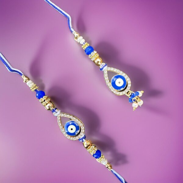 Blue Tear Drop Shape Rakhi Set for Bhai-Bhabhi Designer Couple Rakhi - Image 2