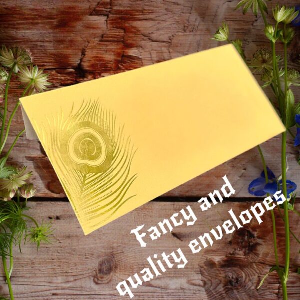 Golden Mor Pankh Envelope – Decorative Peacock Gift Envelope for Weddings and Festive Occasions - Image 2