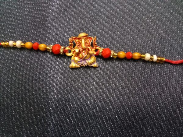Ganesha Diamond Ring Red Rakhi – Traditional Bracelet for Brother-Bhaiya Gift